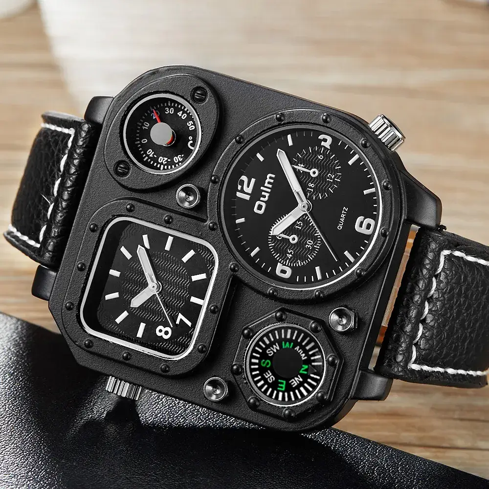Oulm Men's Black Compass Quartz Watch Large Dial Double Time Zone - Image 3