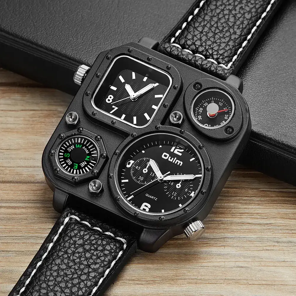 Oulm Men's Black Compass Quartz Watch Large Dial Double Time Zone - Image 4