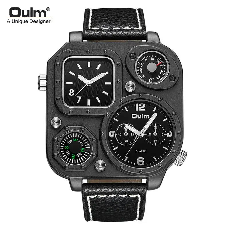 Oulm Men's Black Compass Quartz Watch Large Dial Double Time Zone - Image 5