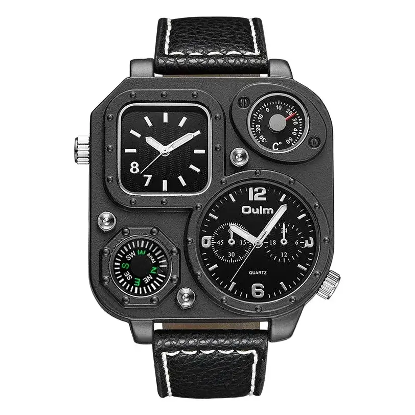 Oulm Men's Black Compass Quartz Watch Large Dial Double Time Zone