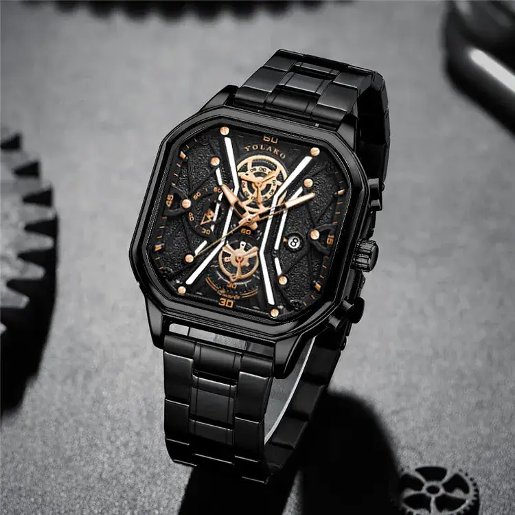 Men's Square Dial Quartz Watch with Skeleton Back