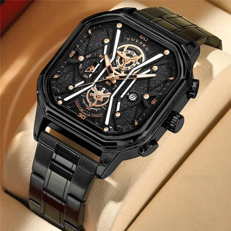 Men's Square Dial Quartz Watch with Skeleton Back