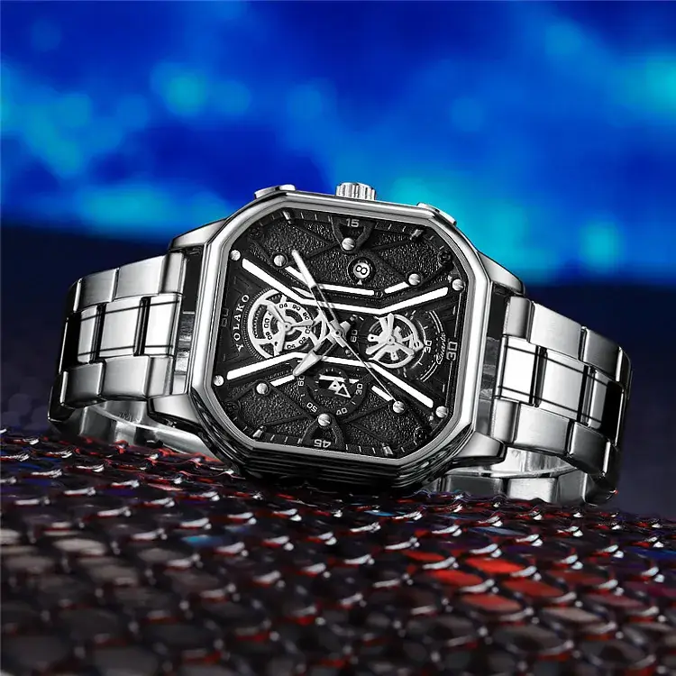 Men's Square Dial Quartz Watch with Skeleton Back