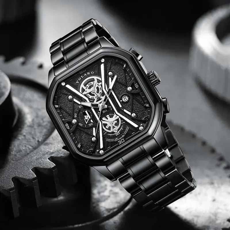 Men's Square Dial Quartz Watch with Skeleton Back