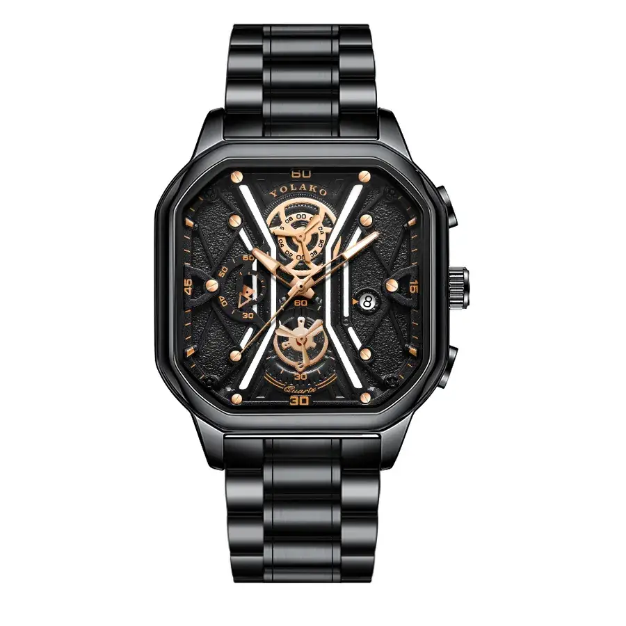 Men's Square Dial Quartz Watch with Skeleton Back