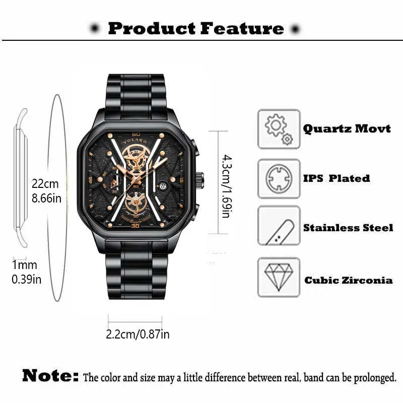 Men's Square Dial Quartz Watch with Skeleton Back — feature 1
