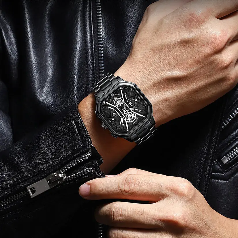 Men's Square Dial Quartz Watch with Skeleton Back — feature 9
