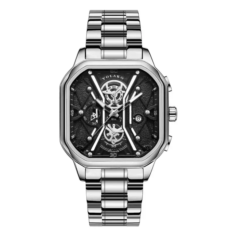 Men's Square Dial Quartz Watch with Skeleton Back