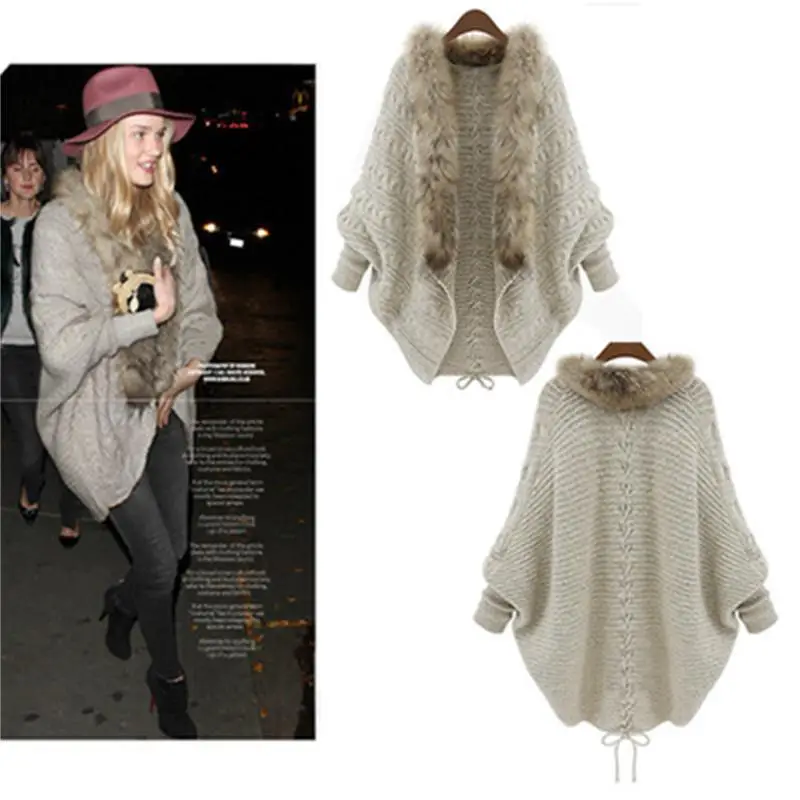 Brown Knit Bat Shirt with Fur Collar Large Women - Image 6