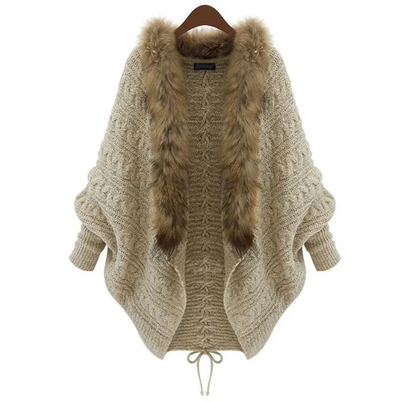 Brown Knit Bat Shirt with Fur Collar Large Women - Image 7