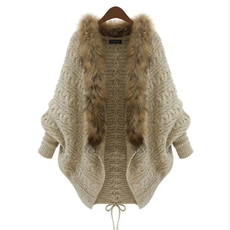 Brown Knit Bat Shirt with Fur Collar Large Women - Image 9