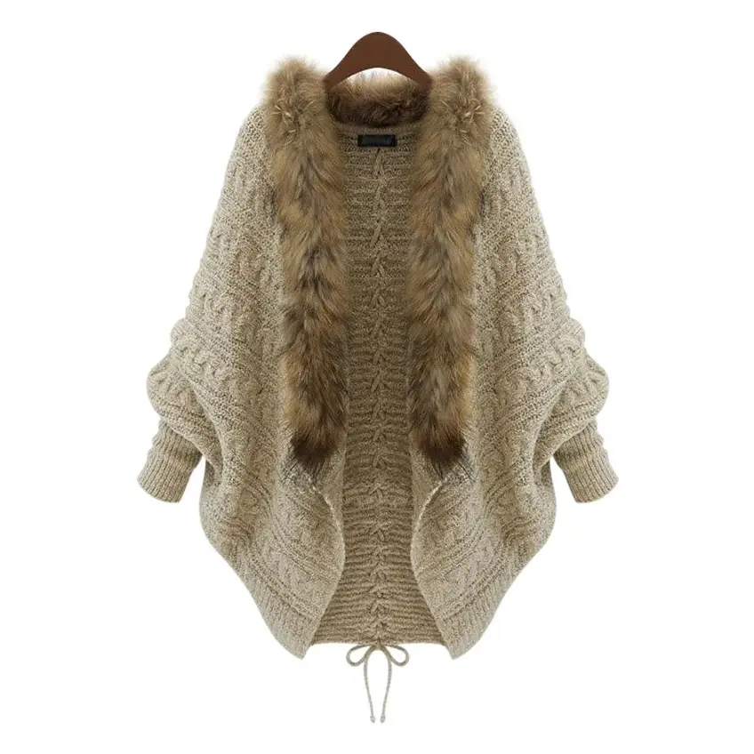 Brown Knit Bat Shirt with Fur Collar Large Women