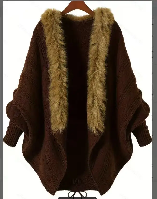 Brown Knit Bat Shirt with Fur Collar Large Women - Image 3