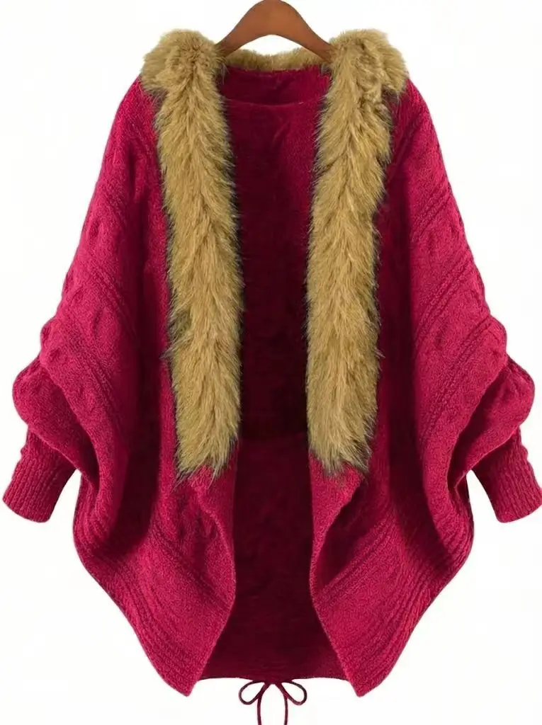 Brown Knit Bat Shirt with Fur Collar Large Women - Image 4
