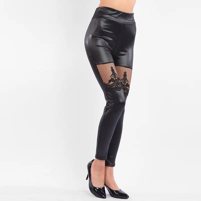 Black Leather Punk Pants with Lace Embroidery Women