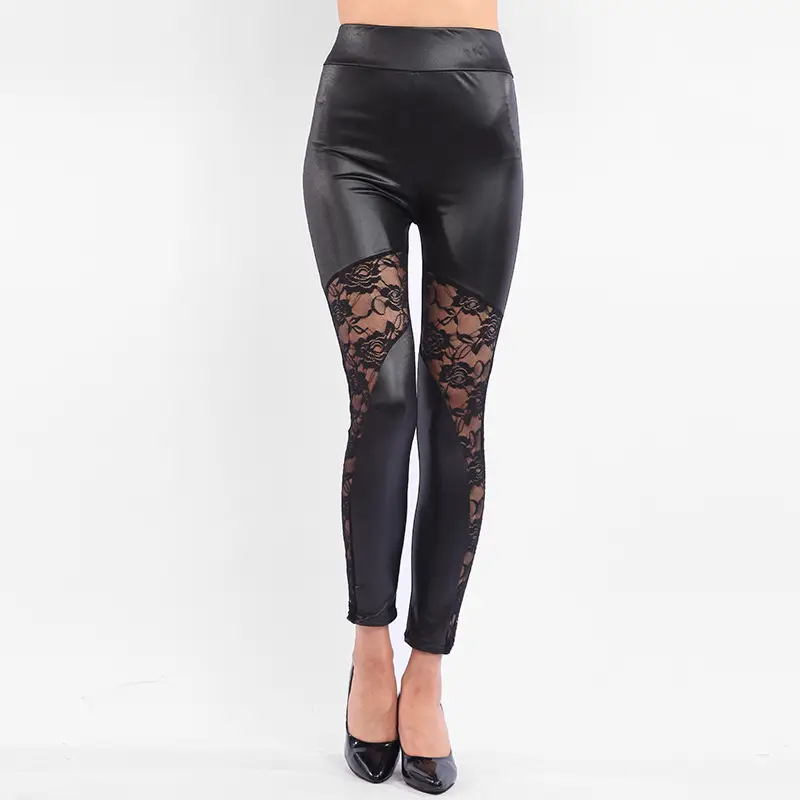 Black Leather Punk Pants with Lace Embroidery Women