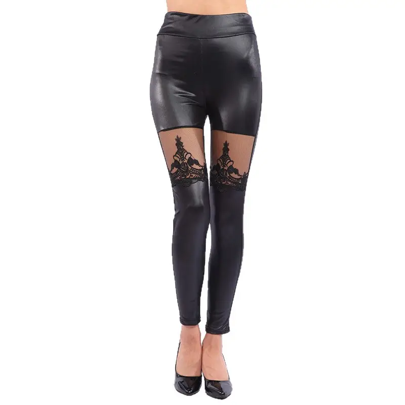 Black Leather Punk Pants with Lace Embroidery Women