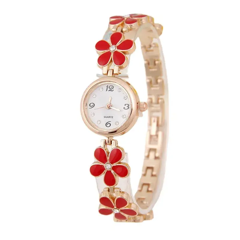 Women's Korean Fashion Watch with Red Flowers Rose Gold Band