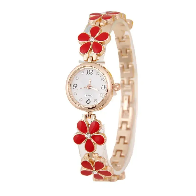 Women's Korean Fashion Watch with Red Flowers Rose Gold Band