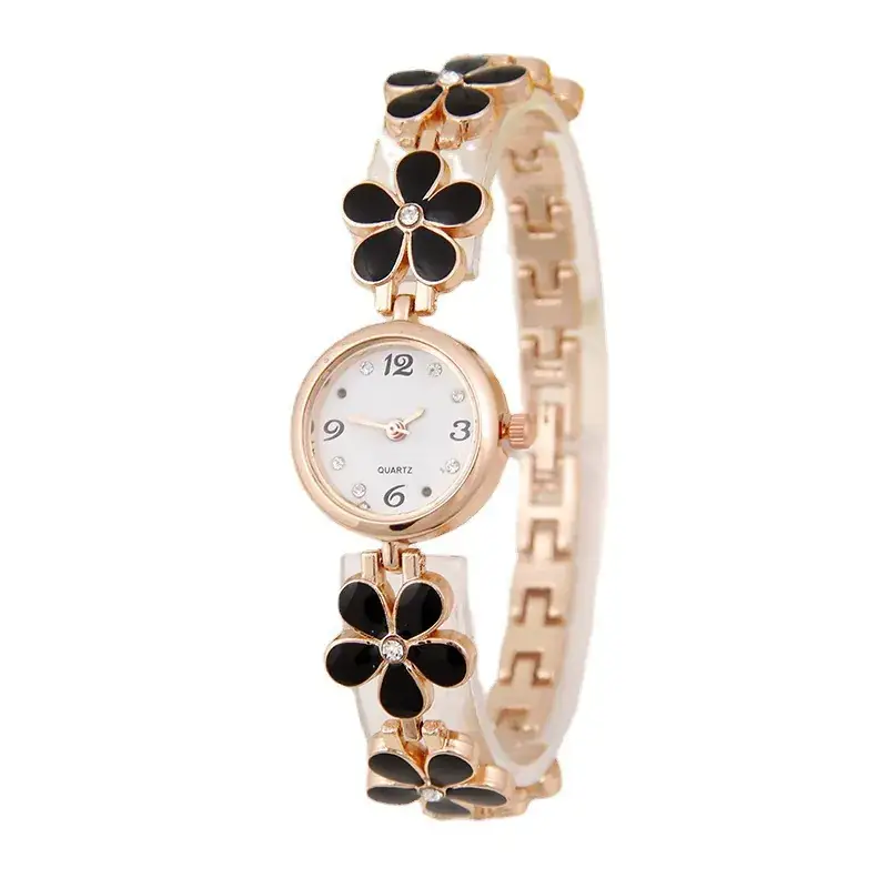 Women's Korean Fashion Watch with Red Flowers Rose Gold Band