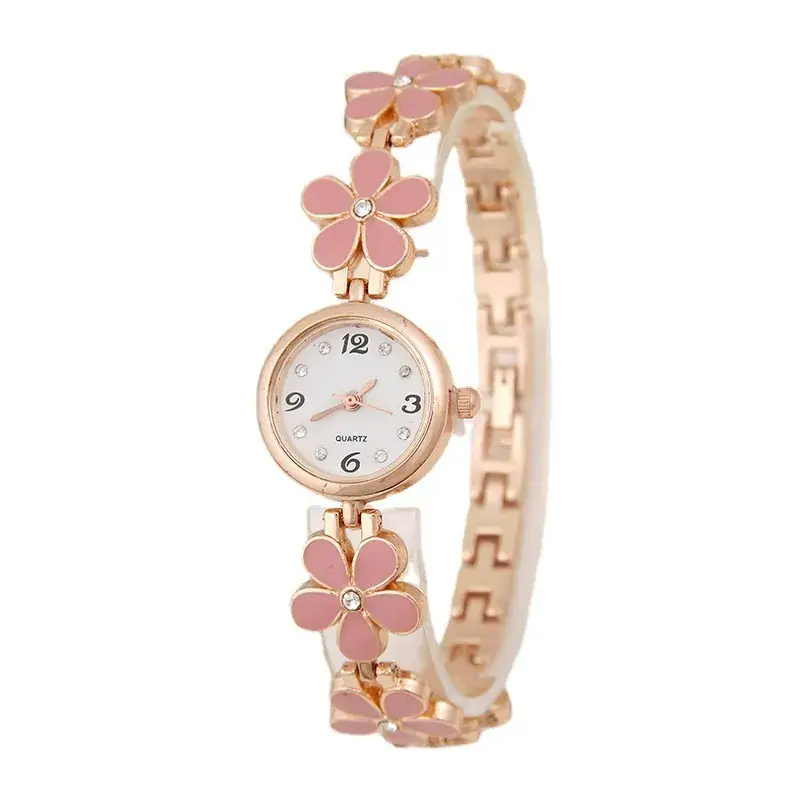 Women's Korean Fashion Watch with Red Flowers Rose Gold Band