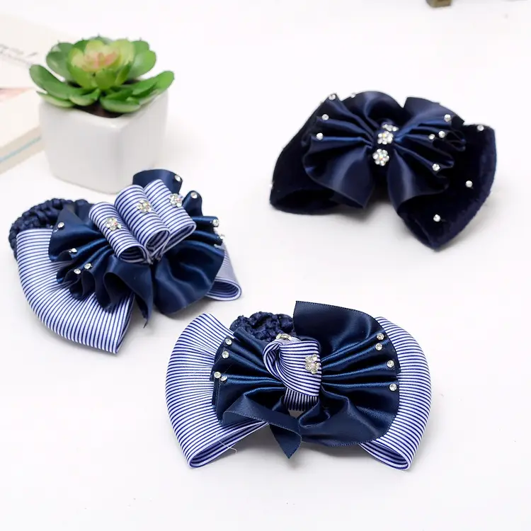 Navy Blue Professional Hair Bow with Crystal Embellishment
