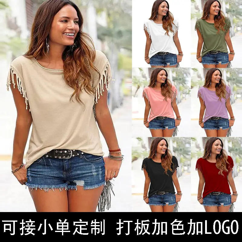 Women T-Shirt Multi Color Multi Size Round Neck Short Sleeve Tassel Knotted Top