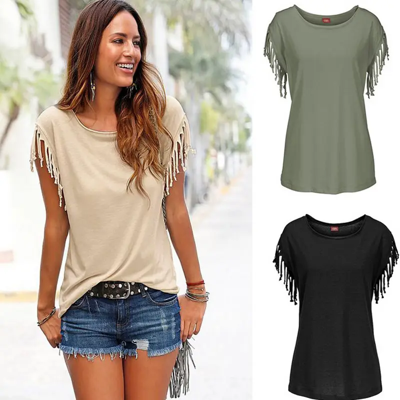 Women T-Shirt Multi Color Multi Size Round Neck Short Sleeve Tassel Knotted Top - Image 10