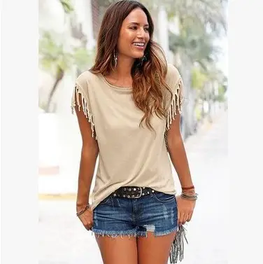 Women T-Shirt Multi Color Multi Size Round Neck Short Sleeve Tassel Knotted Top - Image 11