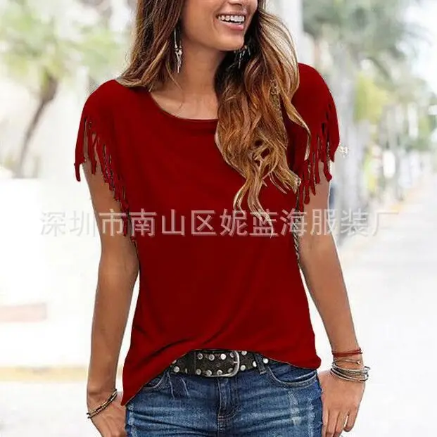 Women T-Shirt Multi Color Multi Size Round Neck Short Sleeve Tassel Knotted Top - Image 12