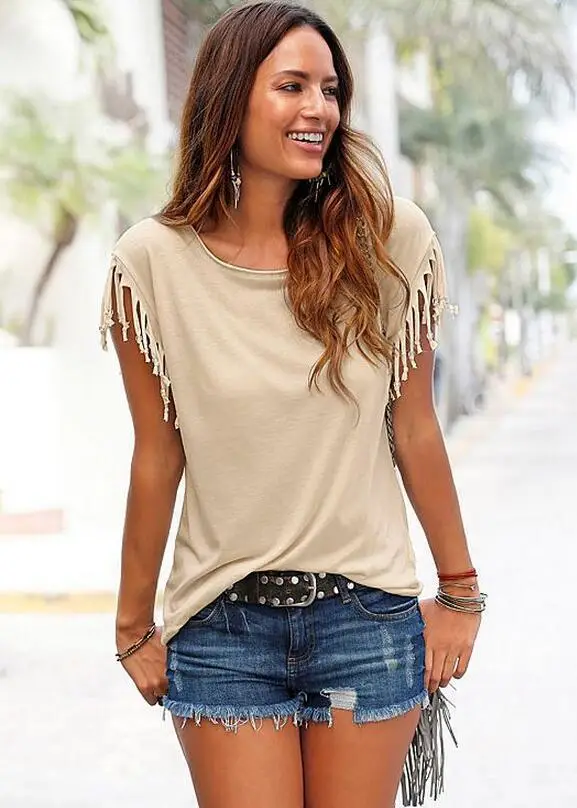 Women T-Shirt Multi Color Multi Size Round Neck Short Sleeve Tassel Knotted Top - Image 5