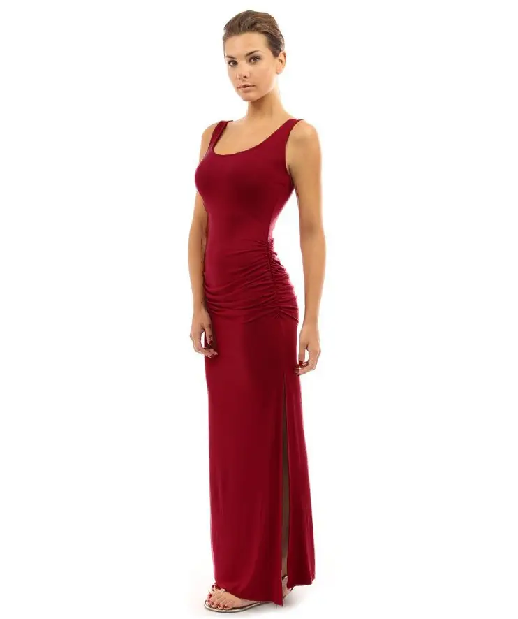 Red Pleated Slim Fit Dress with High Slit - Image 2