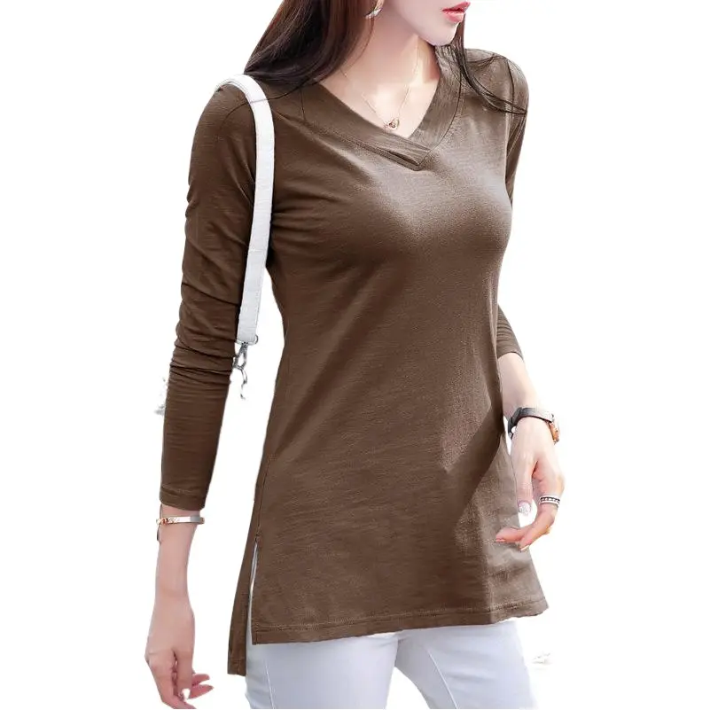 Women V Neck Bamboo Cotton Long Sleeve T-Shirt Purple