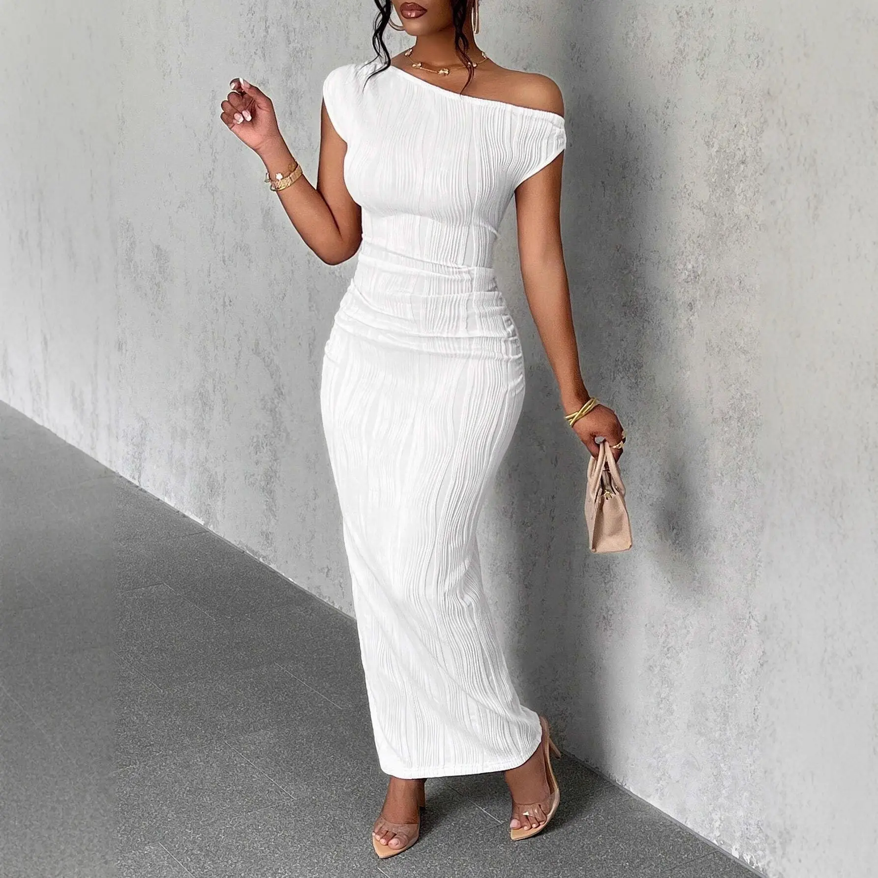 White Water Ripple Slanted Shoulder Dress for Women