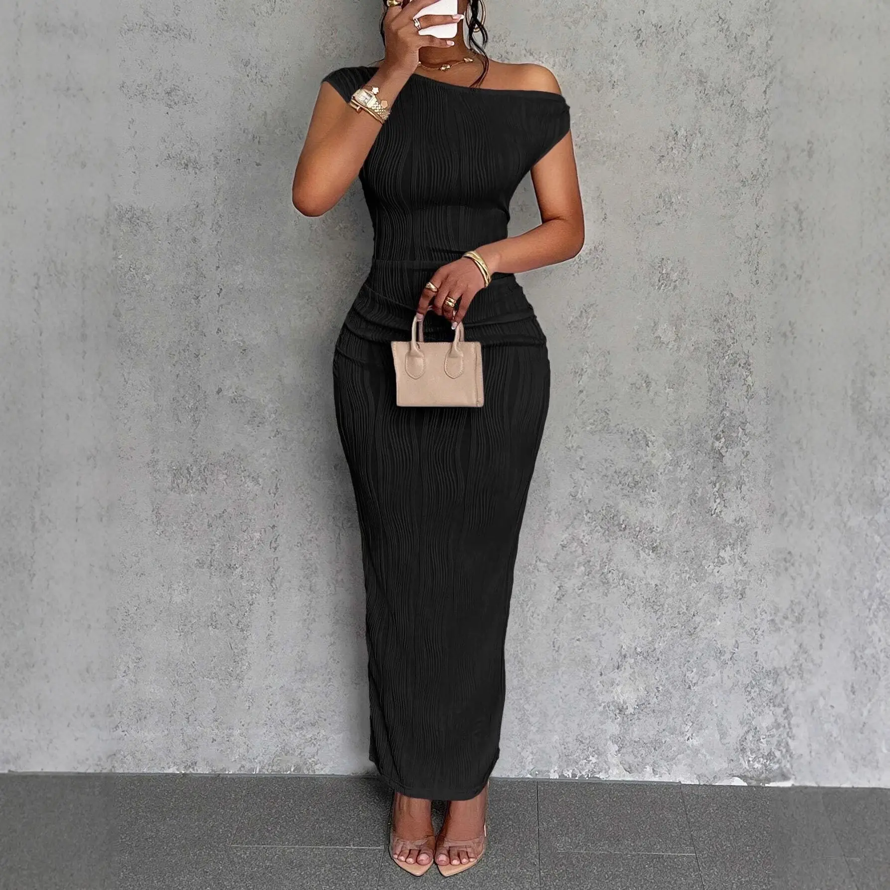 White Water Ripple Slanted Shoulder Dress for Women - Image 7