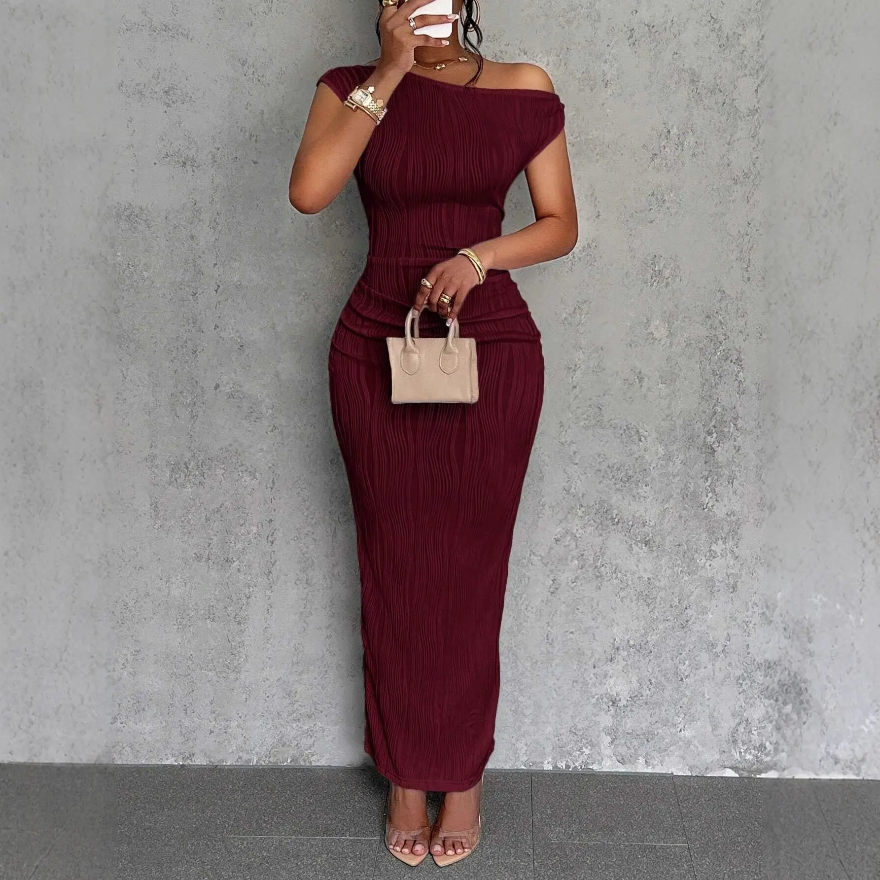 White Water Ripple Slanted Shoulder Dress for Women - Image 8