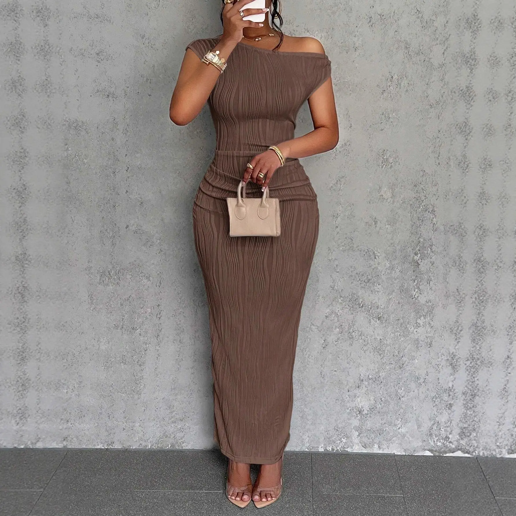 White Water Ripple Slanted Shoulder Dress for Women - Image 9