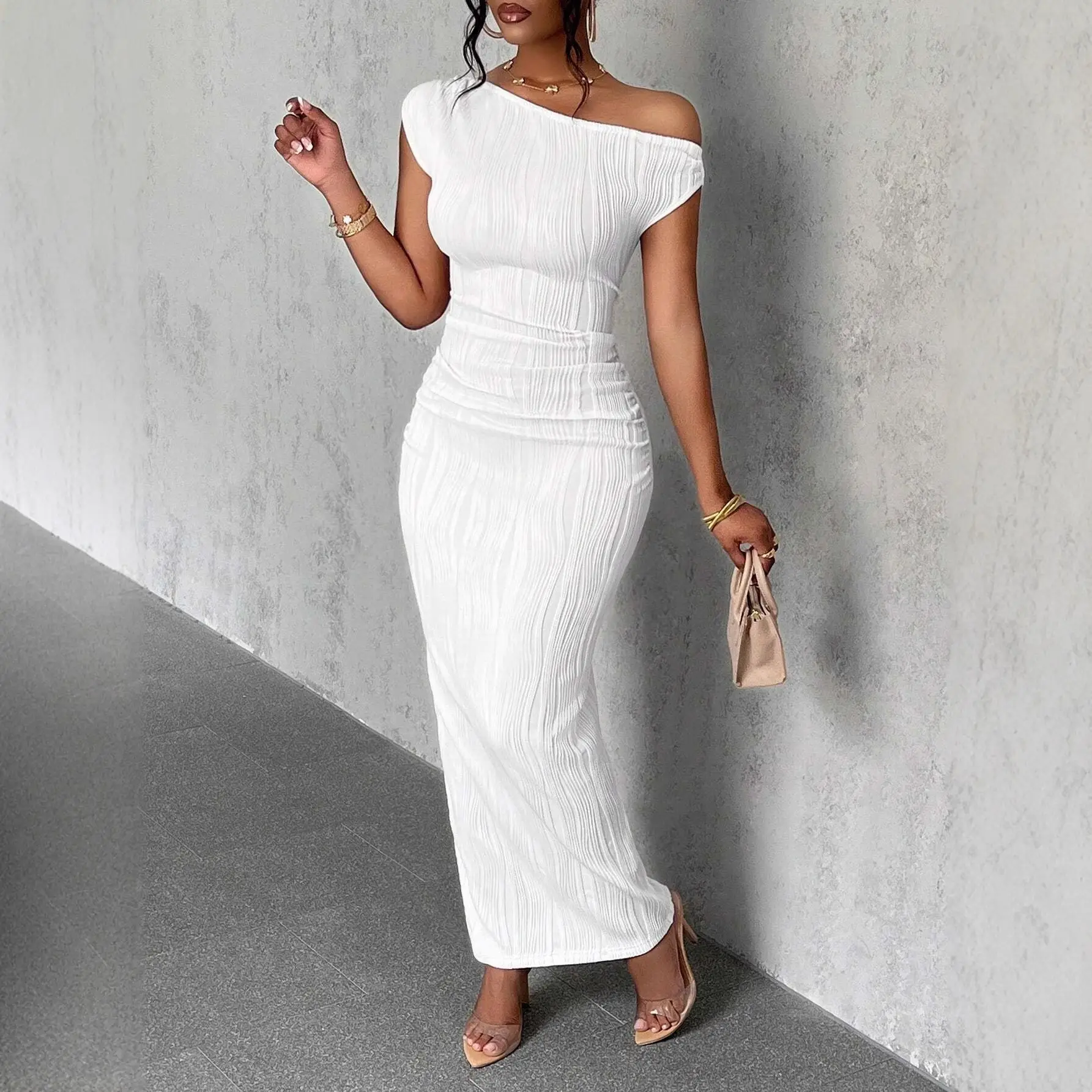 White Water Ripple Slanted Shoulder Dress for Women - Image 10