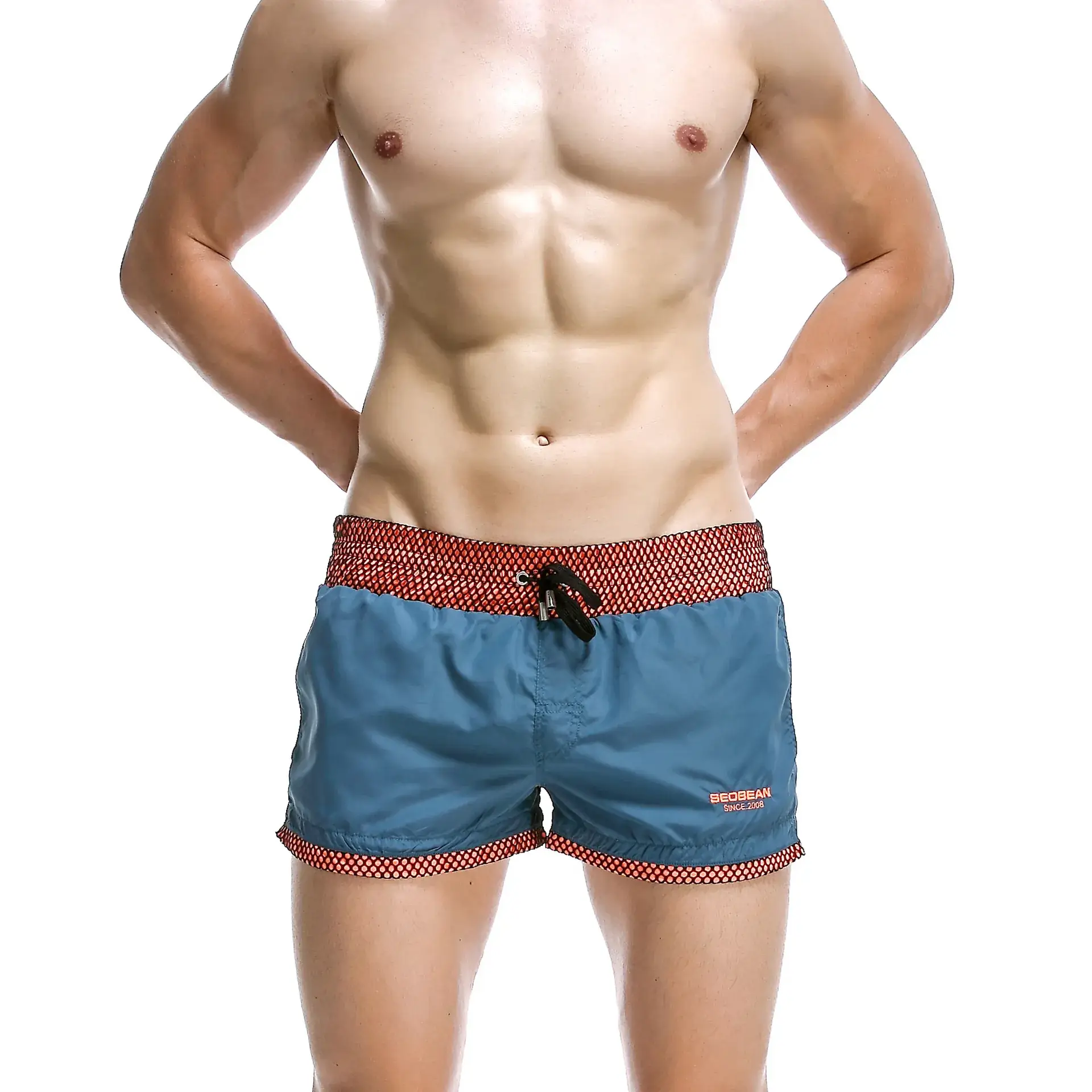 Men Drawstring Casual Shorts Blue Red Trim - Image 9