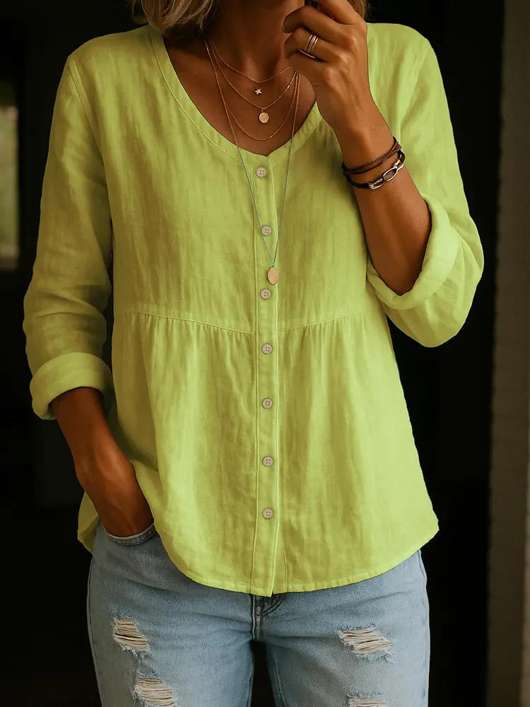 Women Cotton Linen V-Neck Button Shirt Pink