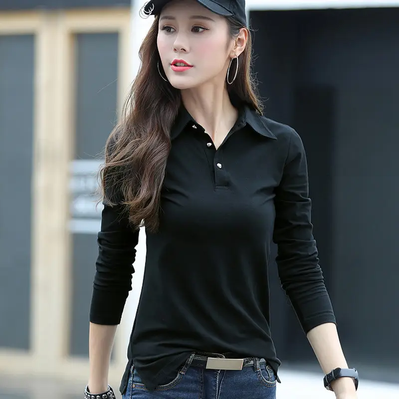 Women White Slim Fit Lapel T-Shirt Cotton Bottoming - Image 8
