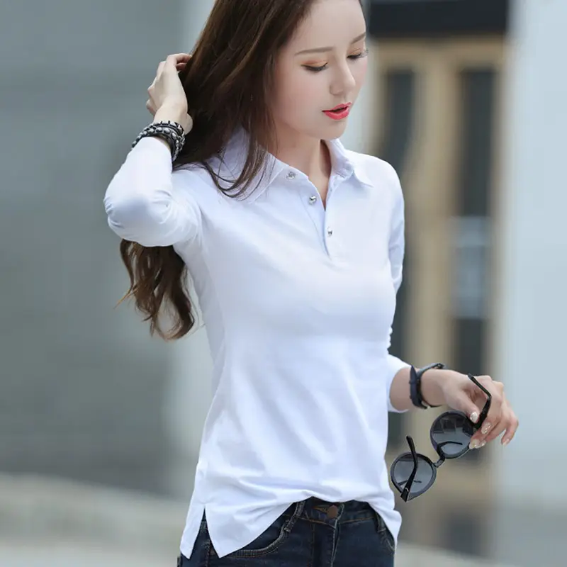 Women White Slim Fit Lapel T-Shirt Cotton Bottoming - Image 4