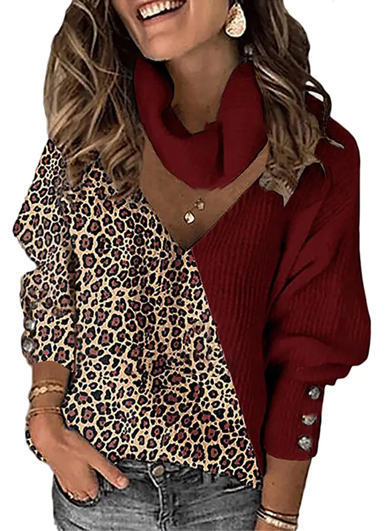 Leopard Print V-Neck Warmmer Sweater for Women