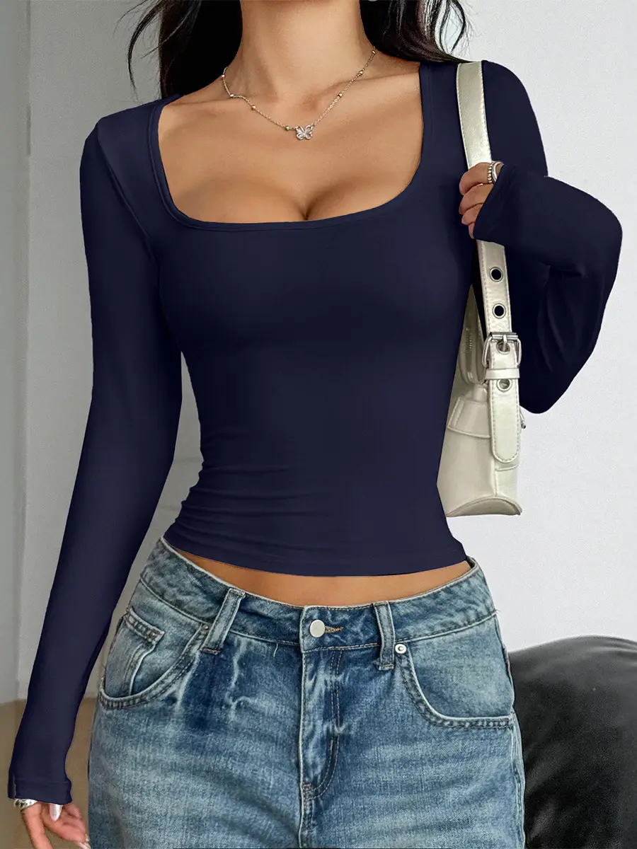 Long Sleeve V-Neck Vest T-Shirt Women Brown 2025
