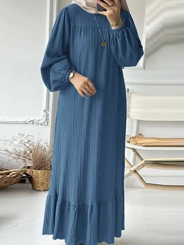 Blue Muslim Women's Long Robe with Puff Sleeves