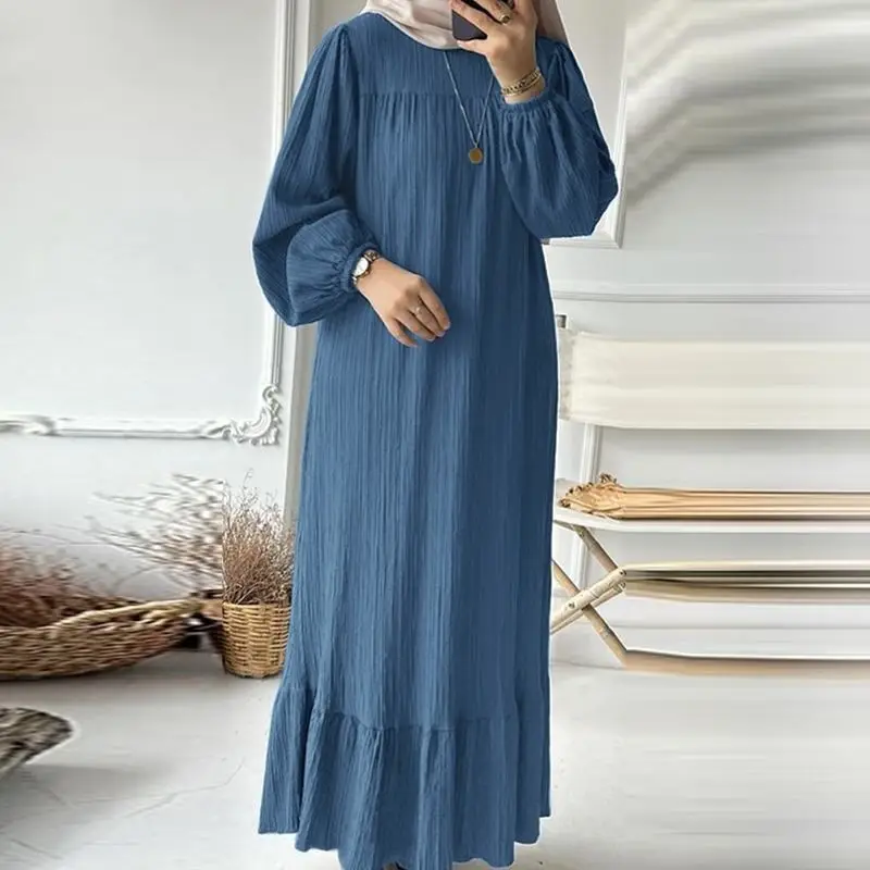 Blue Muslim Women's Long Robe with Puff Sleeves - Image 3