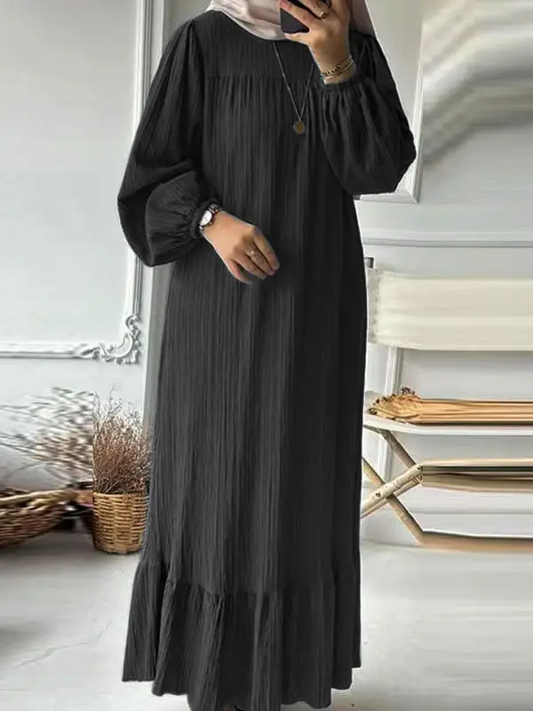 Blue Muslim Women's Long Robe with Puff Sleeves - Image 4