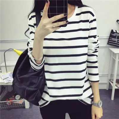 Women's Black White Striped Long Sleeve T-Shirt Plus Size