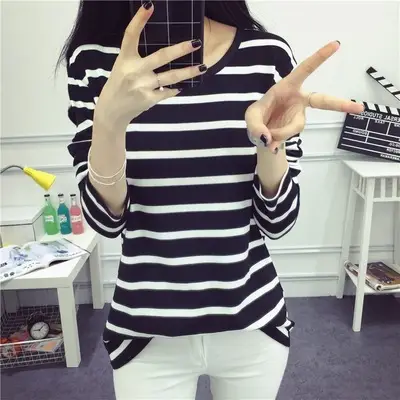 Women's Black White Striped Long Sleeve T-Shirt Plus Size - Image 4