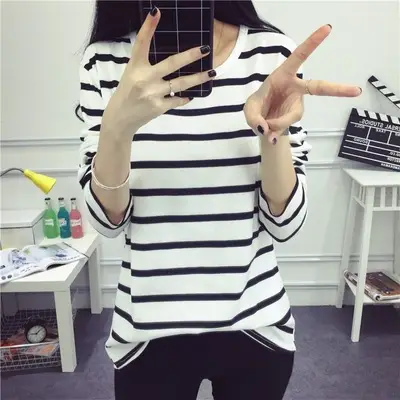 Women's Black White Striped Long Sleeve T-Shirt Plus Size - Image 5
